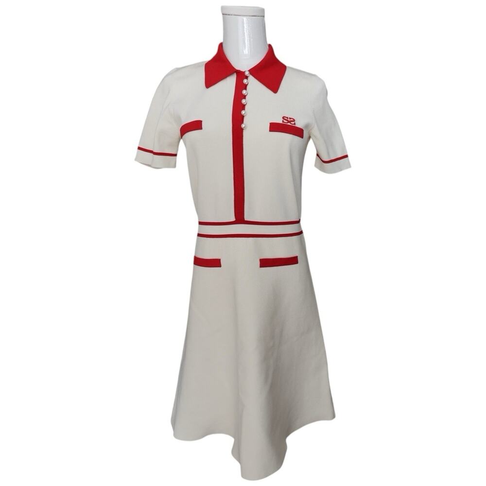 Sandro Paris Irene Polo Cream/Red Collared Dress in Size 40/8 - Picture 4 of 16